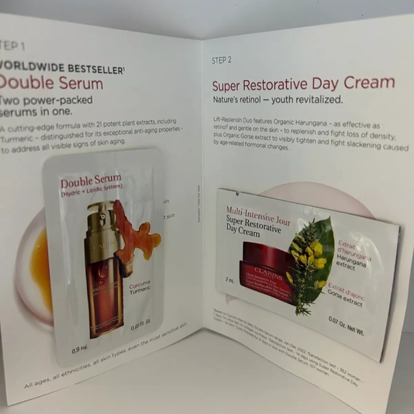 3X Clarins SUPER RESTORATIVE DAY CREAM 2ml + DOUBLE SERUM 0.9ml Travel Packs - Picture 8 of 8